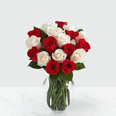 12 Red & White Vased Roses