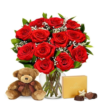 12 Red Roses, Chocolates & Bear